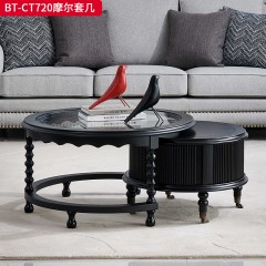 【精品】 千匠一品 美式中古风格 主材红橡木+辅材实木拼花+长虹玻璃 时尚大气摩尔圆几-J