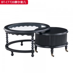 【精品】 千匠一品 美式中古风格 主材红橡木+辅材实木拼花+长虹玻璃 时尚大气摩尔圆几-J
