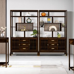 千匠一品 新中式风格 主材乌金木+辅材多层实木板贴乌金木皮+铜拉手 时尚大气博古架9920-L
