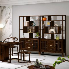 千匠一品 新中式风格 主材乌金木+辅材多层实木板贴乌金木皮+铜拉手 时尚大气博古架9920-L