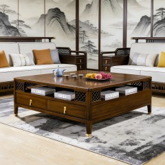 千匠一品 新中式风格 主材乌金木+辅材多层实木板贴乌金木皮+铜拉手 时尚优雅茶几1831-J