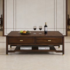 千匠一品 新中式风格 主材乌金木+辅材多层实木板贴乌金木皮+铜拉手 时尚优雅茶几6933-J