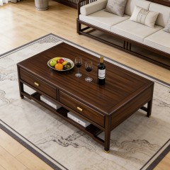 千匠一品 新中式风格 主材乌金木+辅材多层实木板贴乌金木皮+铜拉手 时尚优雅茶几6933-J