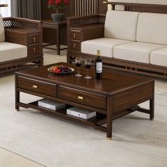 千匠一品 新中式风格 主材乌金木+辅材多层实木板贴乌金木皮+铜拉手 时尚优雅茶几6933-J