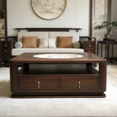 千匠一品 新中式风格 岩板+主材乌金木+辅材多层实木板贴乌金木皮+铜拉手 时尚大气茶几9820-1-J