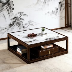 千匠一品 新中式风格 岩板+主材乌金木+辅材多层实木板贴乌金木皮+铜拉手 时尚优雅方茶几9823-J