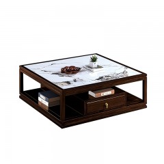千匠一品 新中式风格 岩板+主材乌金木+辅材多层实木板贴乌金木皮+铜拉手 时尚优雅方茶几9823-J