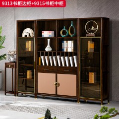 千匠一品 新中式风格 主材乌金木+辅材多层板贴乌金木皮+玻璃柜门+五金饰件 时尚优雅书柜边柜9313 书柜中柜9315-J