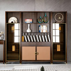 千匠一品 新中式风格 主材乌金木+辅材多层板贴乌金木皮+玻璃柜门+五金饰件 时尚优雅书柜边柜9313 书柜中柜9315-J