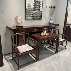 千匠一品 新中式风格 岩板+主材乌金木+辅材多层实木板贴乌金木皮+铜拉手 时尚优雅长条案9910 八仙桌9909-J