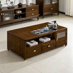 千匠一品 新中式风格 主材乌金木+辅材多层实木板贴乌金木皮+铜拉手+智能茶炉 时尚优雅功夫茶几1830-J