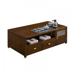 千匠一品 新中式风格 主材乌金木+辅材多层实木板贴乌金木皮+铜拉手+智能茶炉 时尚优雅功夫茶几1830-J