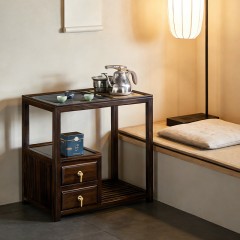 千匠一品 新中式风格 主材乌金木+辅材多层实木板贴乌金木皮+铜拉手+智能茶炉 时尚优雅茶水柜9612-J