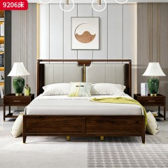 千匠一品 新中式风格 主材乌金木+辅材多层板贴乌金木皮+皮艺软包+五金饰件 时尚大气床9206-L