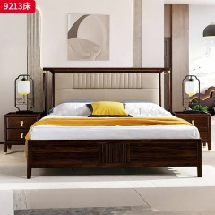 千匠一品 新中式风格 主材乌金木+辅材多层板贴乌金木皮+皮艺软包 时尚大气床9213-L