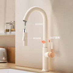 ●千匠一品 现代风格 黄铜 厨房龙头原木奶油抽拉式冷热全铜水龙头-A