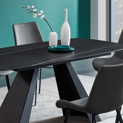△【精品】千匠一品轻奢意式极简风格碳素钢黑砂框架优质岩板桌面餐桌1.4米伸缩功能餐台YS3-1027A-X