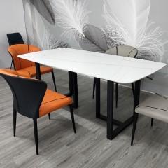 千匠一品意式风格碳素钢黑砂框架优质铝饼岩板桌面餐桌1.4/1.6/1.8M柏格餐桌OY-8008-X