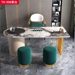 千匠一品 意式风格乌金石茶盘+环保板烤漆+钛金脚架+潘多拉岩板1.4m 1.6m 1.8m 2m茶桌KN-998-G