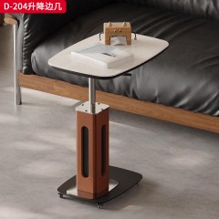 千匠一品 中古侘寂风格 吸塑板贴洞石岩板 马鞍皮台面+橡木四方立柱+不锈钢底座 时尚简约升降边几D-204-J