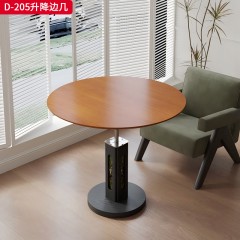 千匠一品 中古侘寂风格 多层板贴白蜡木皮面+橡木四方立柱（内板包布）+实木底座 时尚简约升降圆桌D-205-J