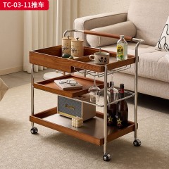 千匠一品 中古侘寂风格 多层实木板贴白蜡木皮+不锈钢架 时尚简约推车TC-03-11-J