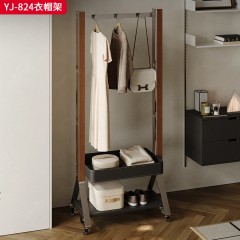 千匠一品 中古侘寂风格 不锈钢亮光管带滚轮+中古色木边+马鞍皮收纳箱 时尚简约衣帽架YJ-824-J