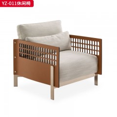 千匠一品 意式风格 马鞍皮+棉麻布+高密度海绵+实心不锈钢架镀金色 时尚大气休闲椅YZ-011-J