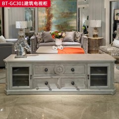 【精品】千匠一品 美式风格 橡胶木贴水曲柳木皮+环保人造板+玻璃柜门 时尚大气建筑电视柜BT-GC301-J