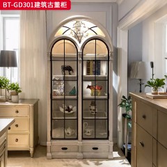 【精品】千匠一品 美式风格 橡胶木贴水曲柳木皮+环保人造板+铁门+玻璃 时尚大气建筑古董柜BT-GD301-J