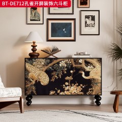 【精品】千匠一品 美式中古风格 实木脚+实木多层板+手绘 时尚大气孔雀开屏装饰六斗柜BT-DE712-L