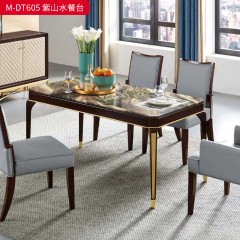【精品】千匠一品 美式轻奢风格 大理石+桃花芯木+辅材进口橡胶木+金属套脚 时尚大气紫山水餐台M-DT605-L