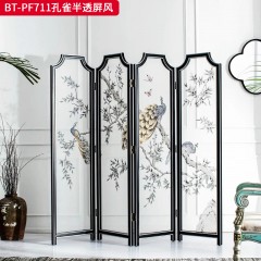 【精品】千匠一品 美式中古风格 实木框架手绘 时尚大气孔雀半透屏风BT-PF711-L