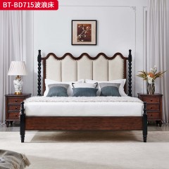 【精品】千匠一品 美式中古风格 主材红橡木+辅材橡胶木+头层油蜡真皮  高级提花棉麻布艺 时尚大气波浪床BT-BD715-L