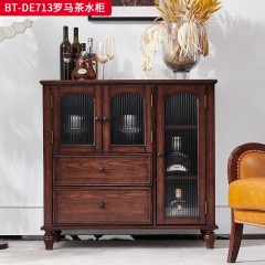 【精品】千匠一品 美式中古风格 主材红橡木+辅材实木板拼花+松木+长虹玻璃 时尚大气罗马茶水柜BT-DE713-J