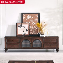 【精品】千匠一品 美式中古风格 主材红橡木+辅材实木板拼花+松木+长虹玻璃 时尚大气罗马地柜BT-GC711-J