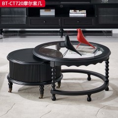 【精品】 千匠一品 美式中古风格 主材红橡木+辅材实木拼花+长虹玻璃 时尚大气摩尔圆几-J