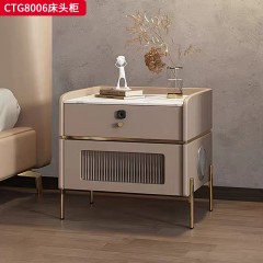 千匠一品 现代风格 优质西皮+全松木板+不锈钢钛金+雪花白岩板+长虹玻璃+指纹解锁+蓝牙音响+无线充电 时尚大气床头柜CTG8006-J