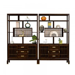 千匠一品 新中式风格 主材乌金木+辅材多层实木板贴乌金木皮+铜拉手 时尚大气博古架9920-L